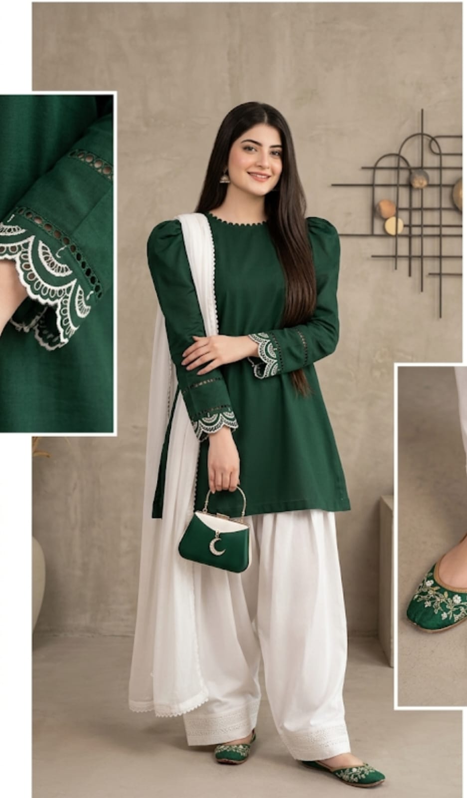 Independence Day Special — Green Shirt with White Farshi Shalwar & Dupatta