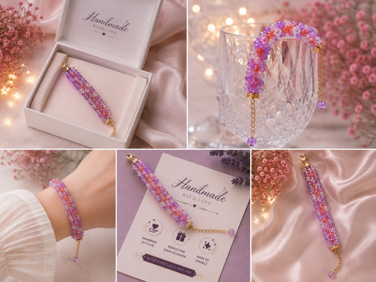 Handmade Crystal Bead Bracelet – Elegant Purple & Pink Sparkle | RJ Store 💜