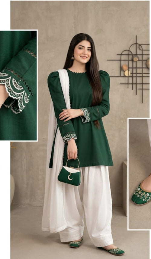 Independence Day Special — Green Shirt with White Farshi Shalwar & Dupatta