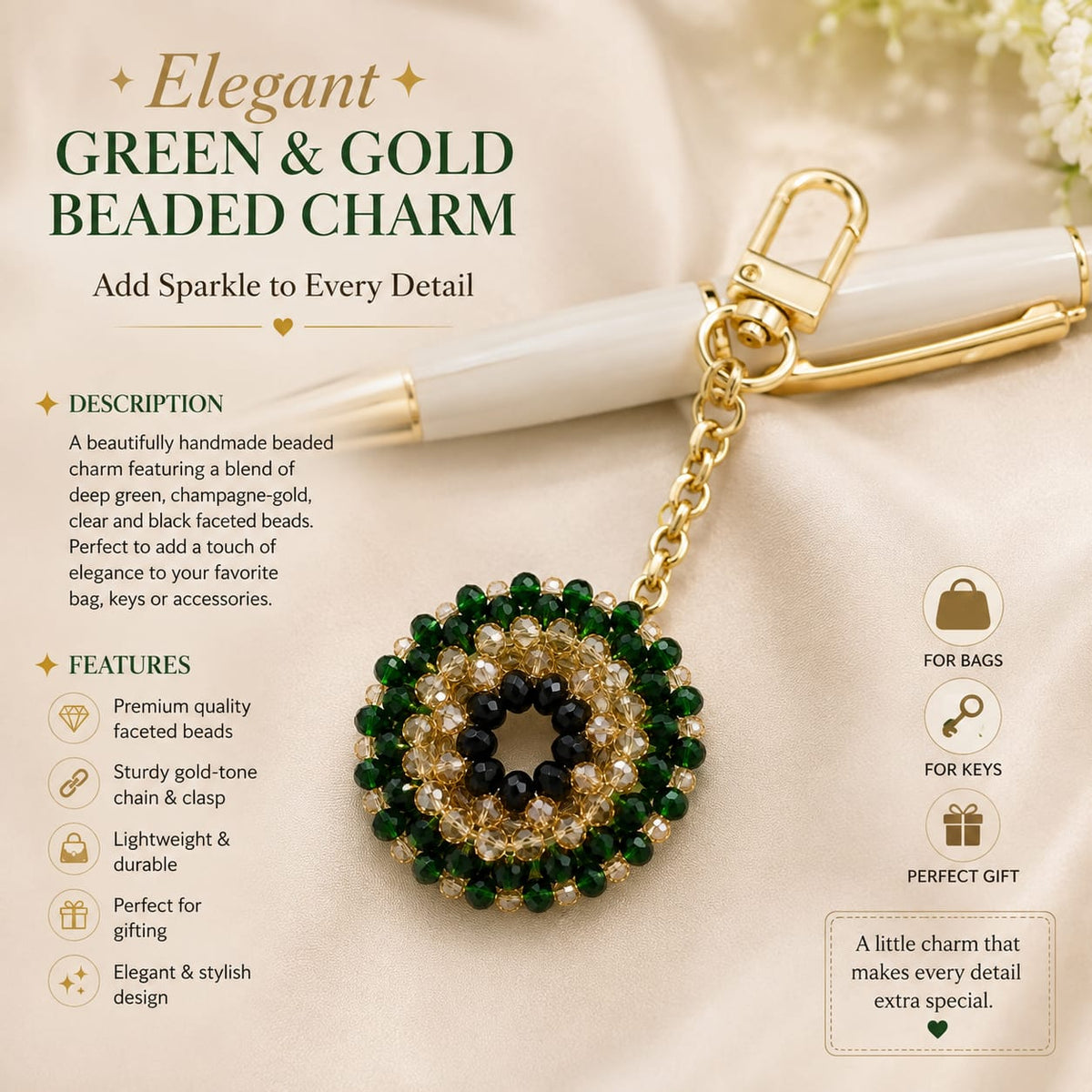 Emerald Elegance Beaded  Charm ✨