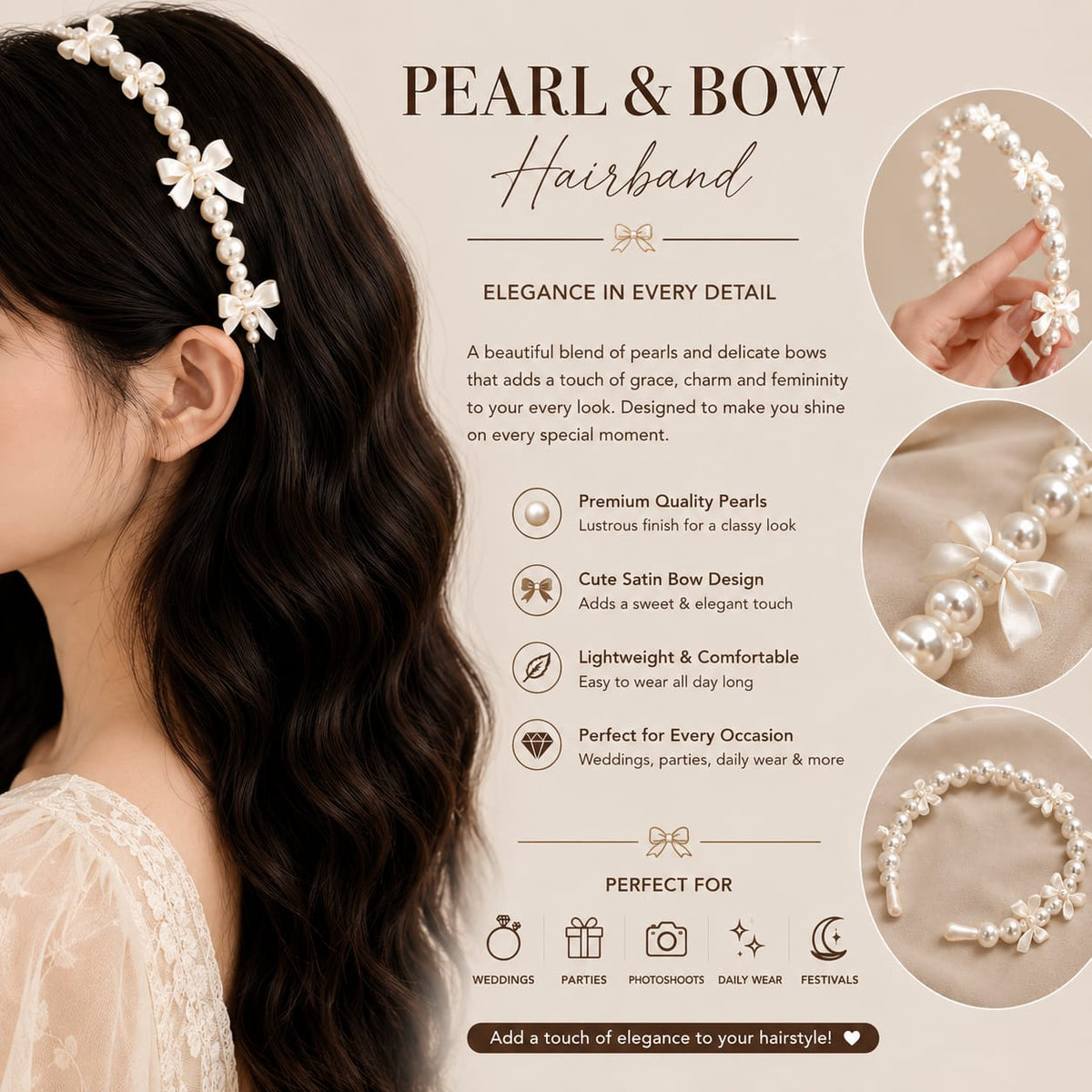 Elegant Pearl & Bow Hairband 🤍✨