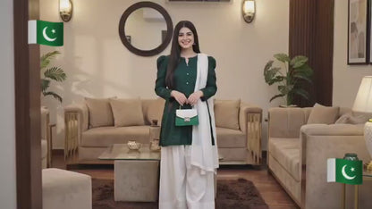 Independence Day Special — Green Shirt with White Farshi Shalwar & Dupatta